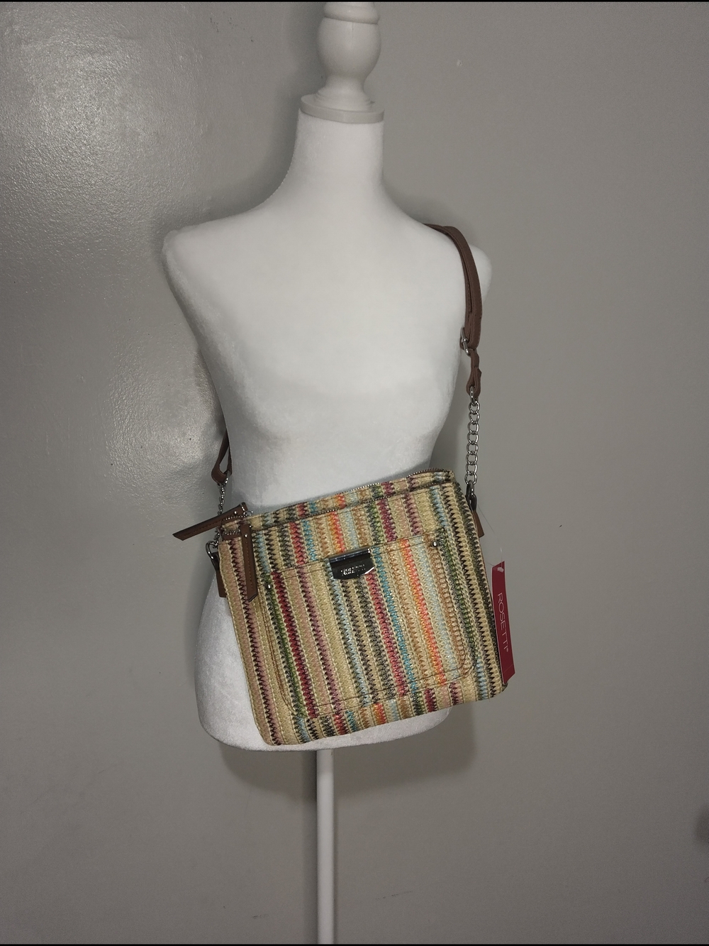Rosetti Multicolor Woven Stripe Crossbody with Brown Trim and Chain Strap
